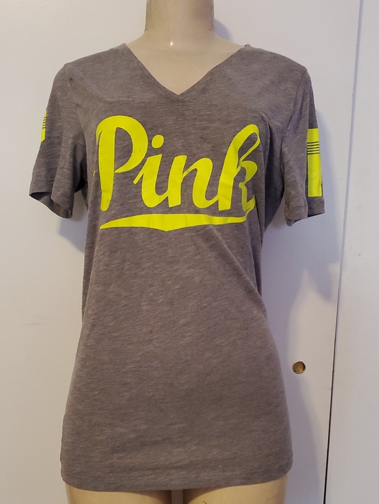 PINK Victoria's Secret Tops - PINK Victoria's Secret Heather Gray V-Neck Tee with Neon Yellow Logo
